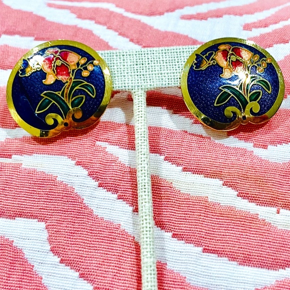 O6-BUNDLE ONLY!-Vintage Cloisonne Floral Butterfly Pierced Earrings - Picture 2 of 7